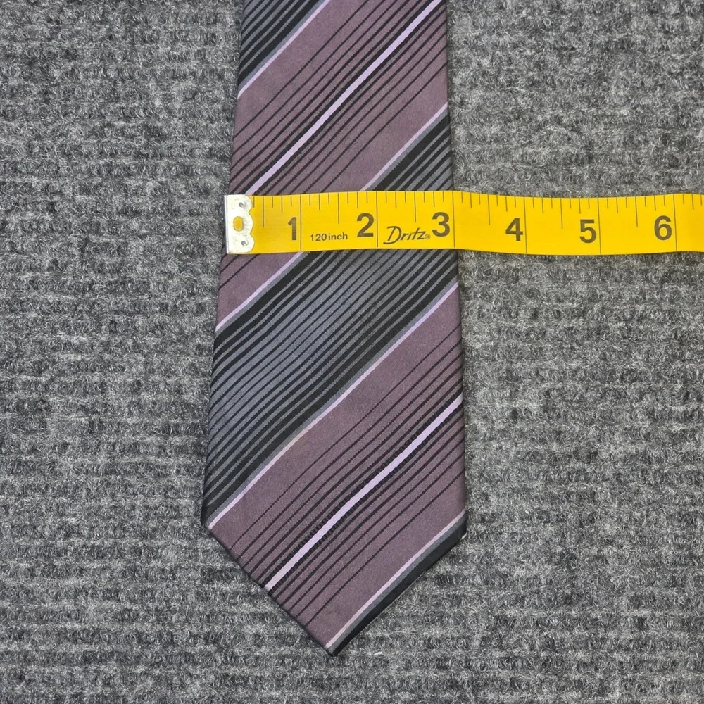 Umo Lorenzo Silk Necktie Men's Purple Grey Black Diagonal‎ Striped Hand Made